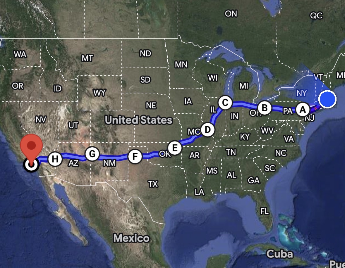 Map of the cross-country driving route from Boston to Los Angeles